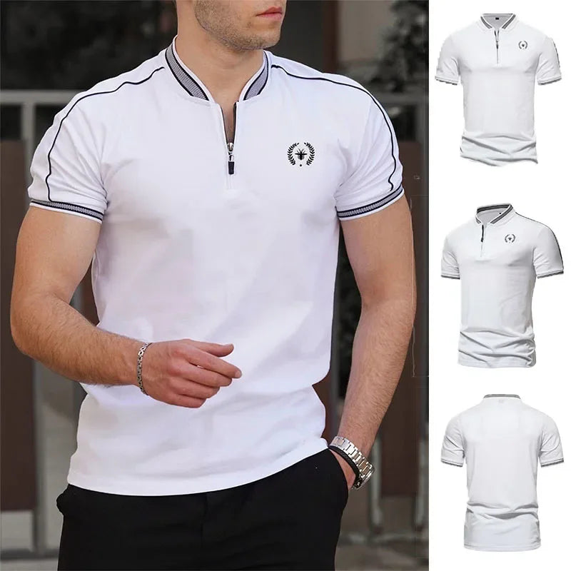 Men's New T-shirt Stand Neck Zipper Decoration Half Open Neck T-shirts High Quality