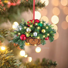 Artificial Hanging Flower Basket Christmas Pendant 2D Green Red Wreath Plant Xmas Tree Ornaments Merry Christmas Decoration Noel