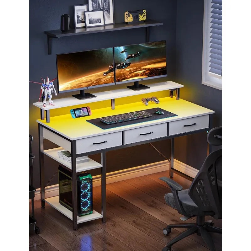 Computer Desk with Power Outlets & LED Light, 47 inch Home Office Desk