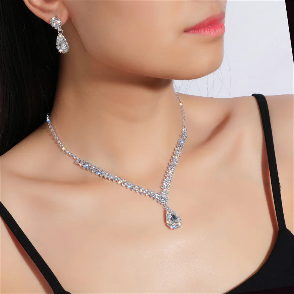 Luxury Water Drop Rhinestone Necklace Earrings For Women