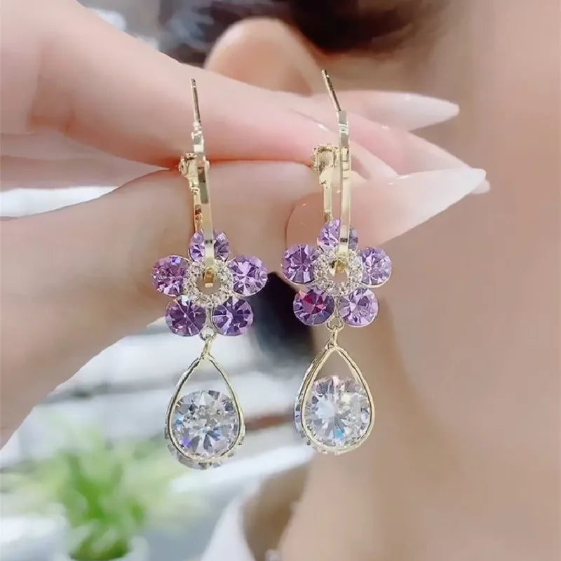 Light Luxury Crystal Flower Earrings Pendant for Women Purple Crystal Blossom Zircon Earrings