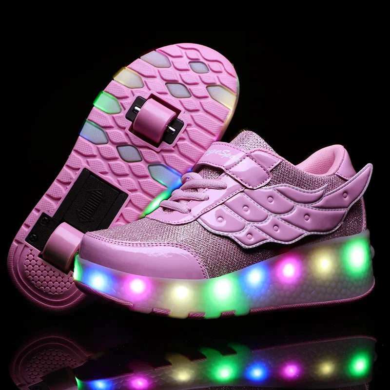 New Style Pink USB Charging Shoe Fashion Girls Boys Women LED Light Roller Skate Shoes