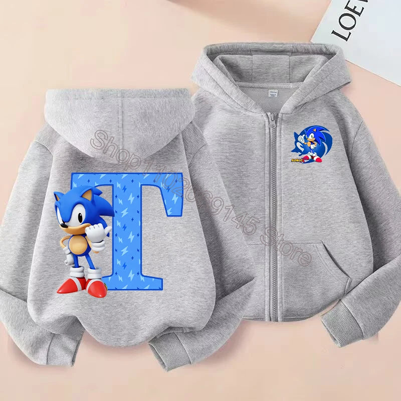 New Sonics Boys Zip-up Hoodies Kids Anime Hoodie Cartoon Letter Printed Tops Winter Warm Jacket Coat Autumn Children Clothing