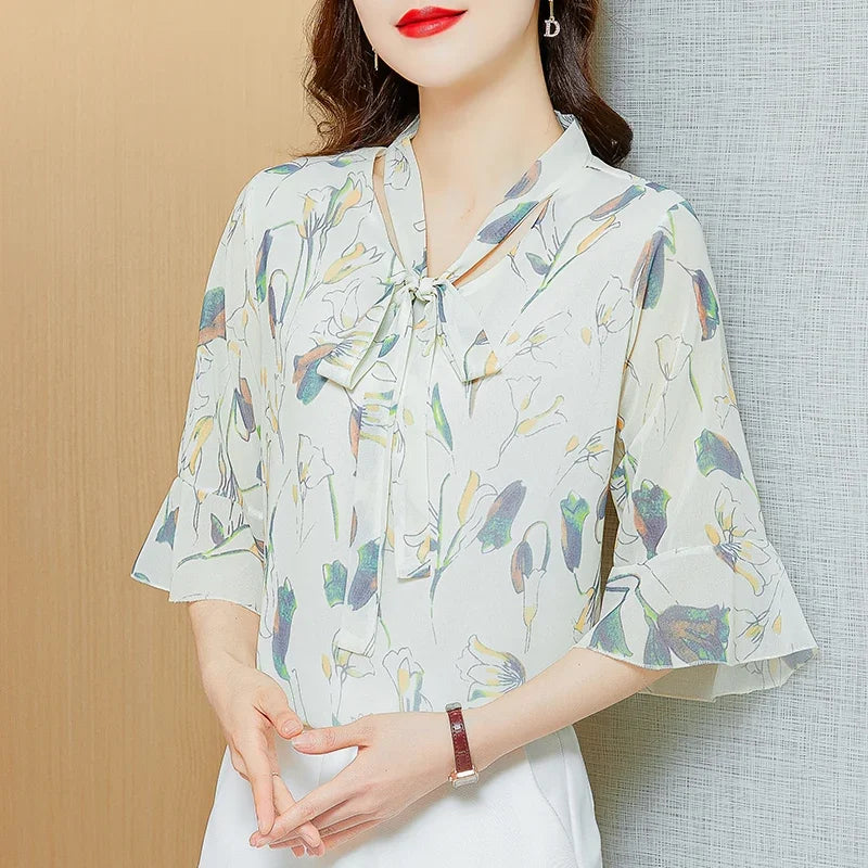 New Summer Women Floral Chiffon Blouse Shirts Loose Bow Lady Shirts Tops