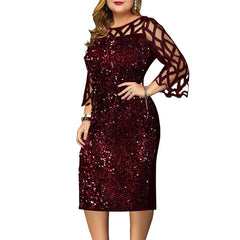 Plus Size S-5XL Fashion Women Sequins Autumn Dresses Lace Sleeve Shining Lady Casual Fashion Dress