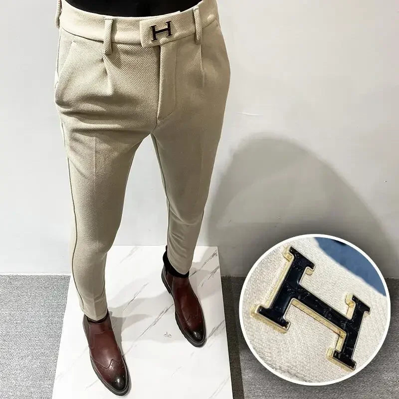 Autumn Winter Thickened Woolen Suit Pant High Quality Men Business Slim Striped Trousers Formal Wear Office Social Dress Pants