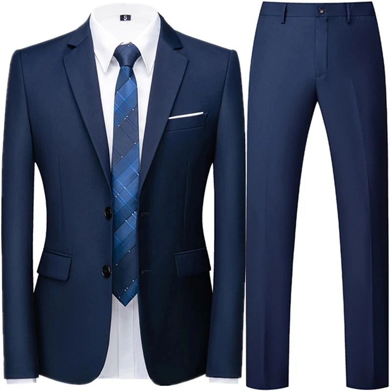 Spring Autumn Fashion New Men's Business Casual Solid Color Suits / Male One Button Blazers Jacker Coat Trousers Pants