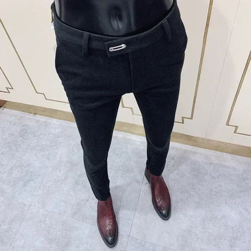 Autumn Winter Thickened Woolen Suit Pant High Quality Men Business Slim Striped Trousers Formal Wear Office Social Dress Pants