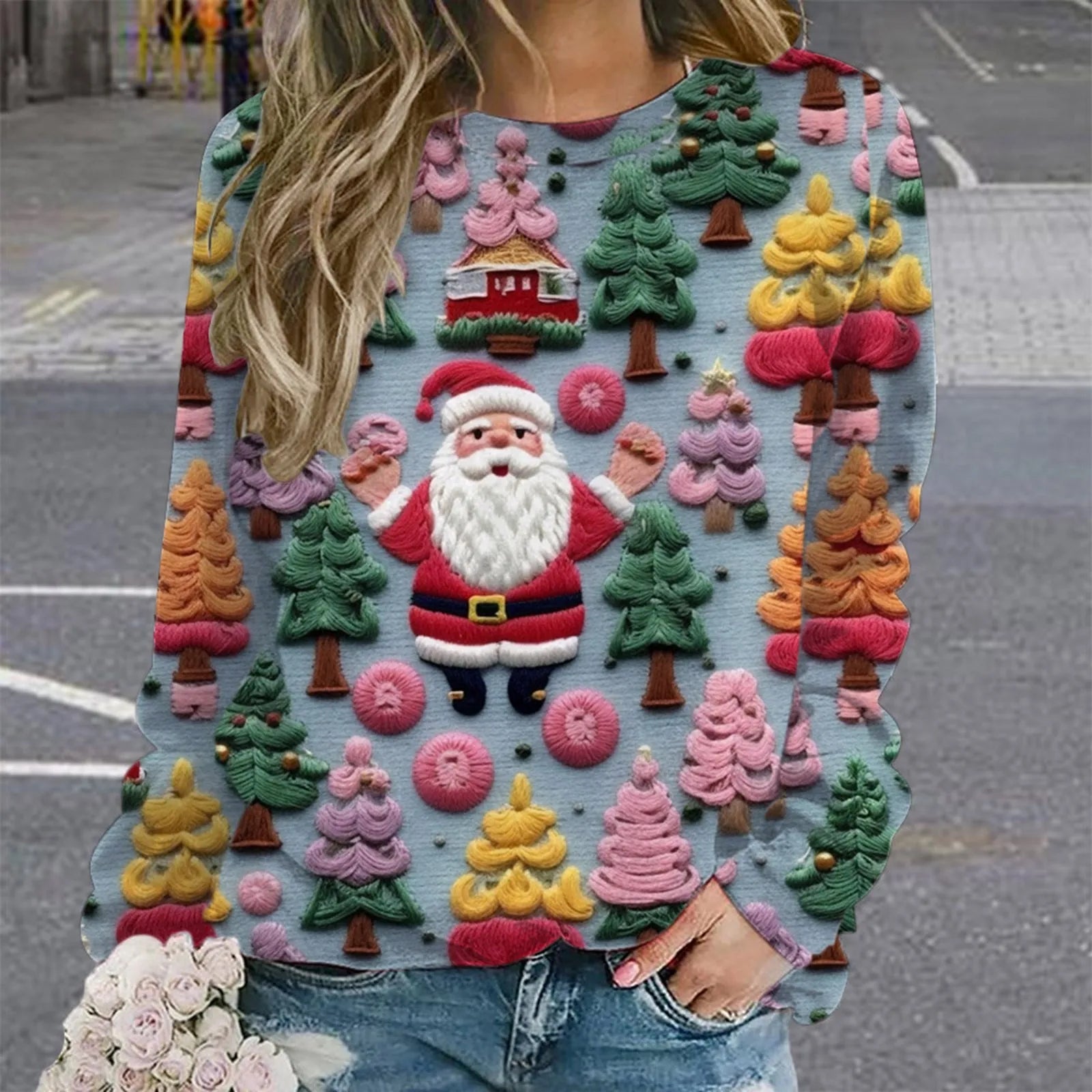 Christmas Women Cute Santa Claus Print Sweatshirts Snowman