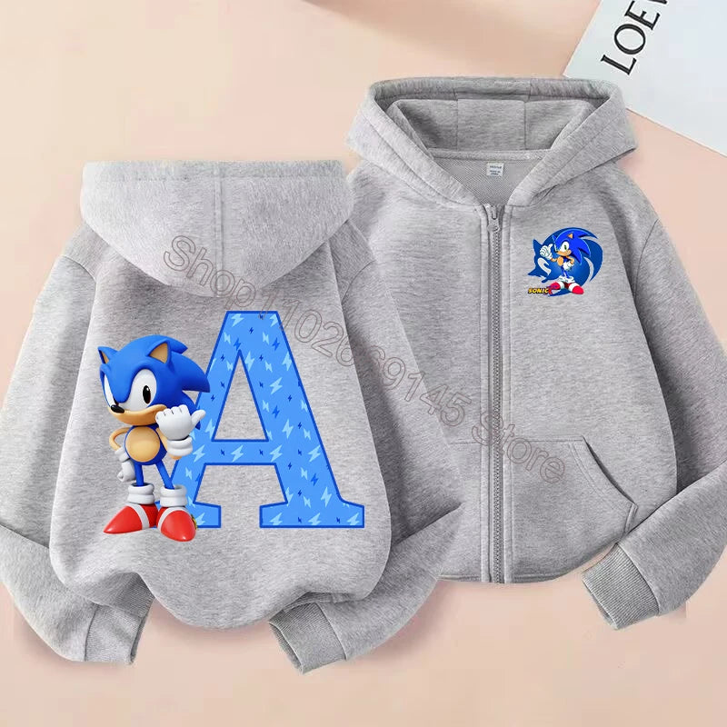 New Sonics Boys Zip-up Hoodies Kids Anime Hoodie Cartoon Letter Printed Tops Winter Warm Jacket Coat Autumn Children Clothing