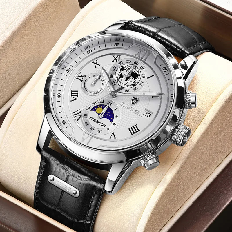 LIGE Business Mens Watches Top Brand Luxury Leather Casual Quartz Moonswatch for Men