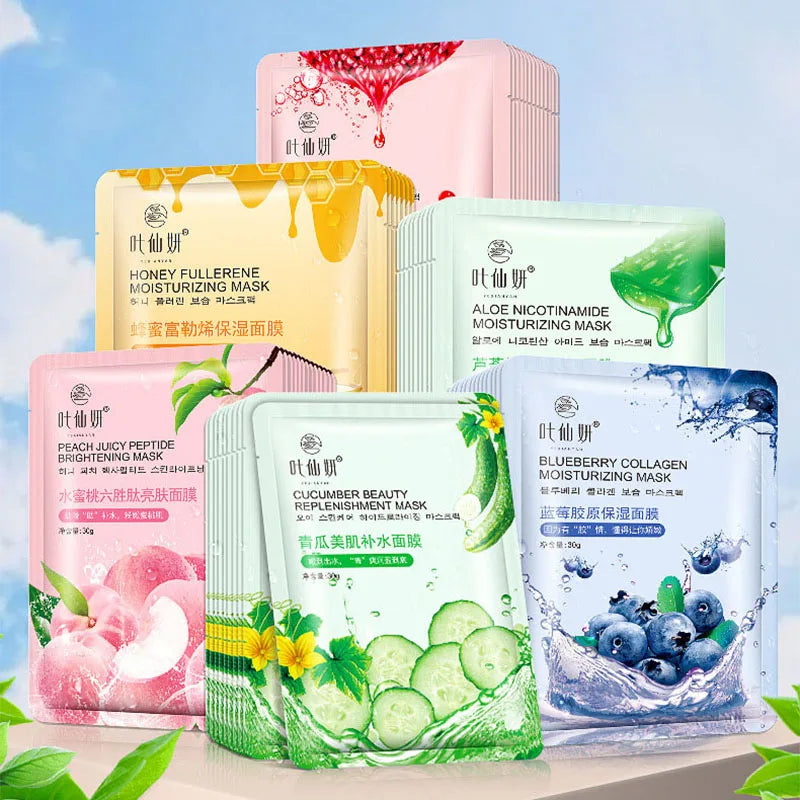 12 Pieces Blueberry Facial Masks Aloe Cucumber Peach Fresh Fruit Moisturizing Face Mask Sheets