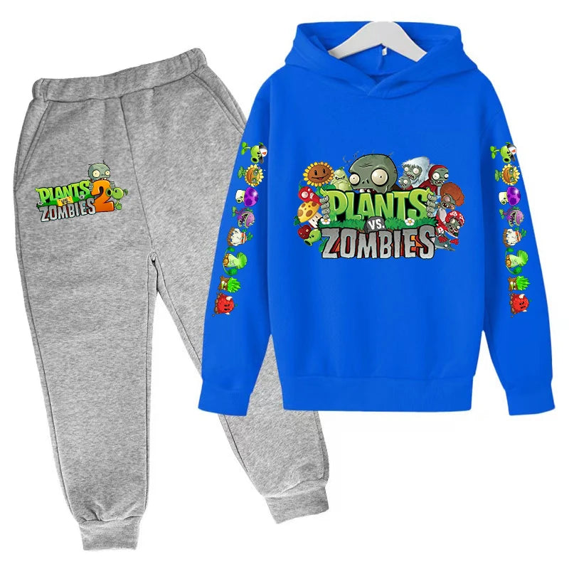 Kids Hooded Pullover Popular Game Plants vs. Monster Print Boys/Girls Top/Pants Clothing Set