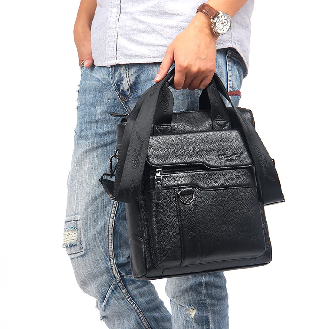 Genuine Leather Tote Handbag Messenger Briefcase Bag for Men