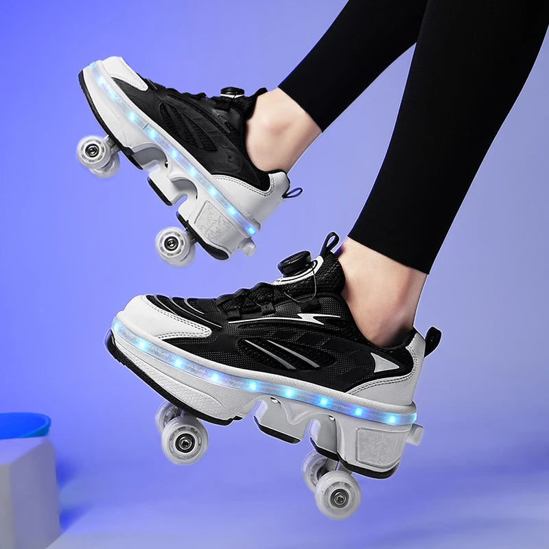 Double-Row Four-Wheel Roller Skating Shoes LED Flash Dual-Use Roller Shoes Men Women Casual Sneakers Sport Walking dog Shoes