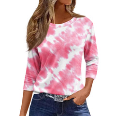 Women's Fashion Casual Round Neck 3/4 Sleeve Loose  Printed T-Shirt Ladies Top