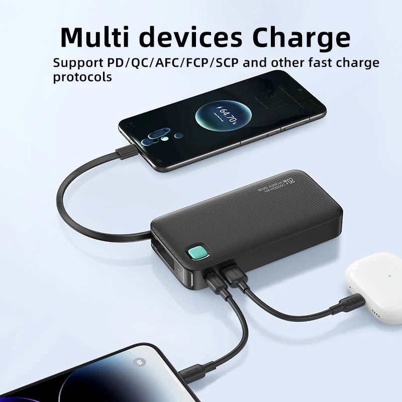 USAMS 20W Power Bank 10000mAh with Retractable Cable Powerbank PD Fast Charging Portable External Battery Charger for Smartphone