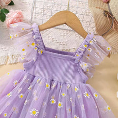 Daisy Flower Girls Birthday Dress Kid Children Clothing Petal Sleeves Party Christmas Knee Length Mesh