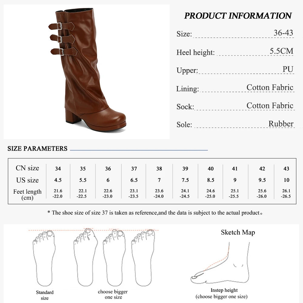 Fashion New Knee High Fold Over Boots Chunky heel Round Toe With Buckle Straps Side Zipper for Fall Winter