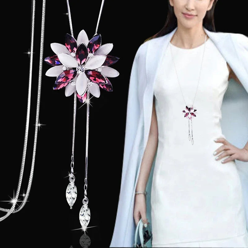 Snowflake Zircon Long Chain for Women Fashion Silver Color Crystal Maxi Necklaces & Pendants