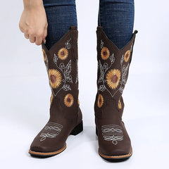 Women Flower Embroidery Shoes Slip-on Riding Boots