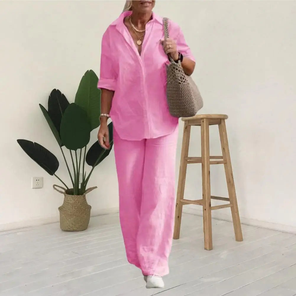 Women's Cotton Linen Suit Fashion Elegant Long Sleeve Shirt Loose Pants