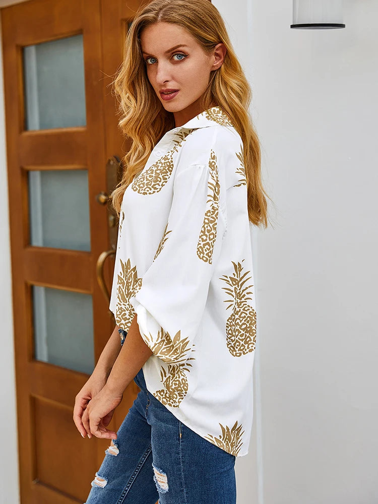 Autumn New Pineapple Print Long-Sleeved V-Neck White Button Blouse Korean Harajuku Fashion Ladies Popular Shirt