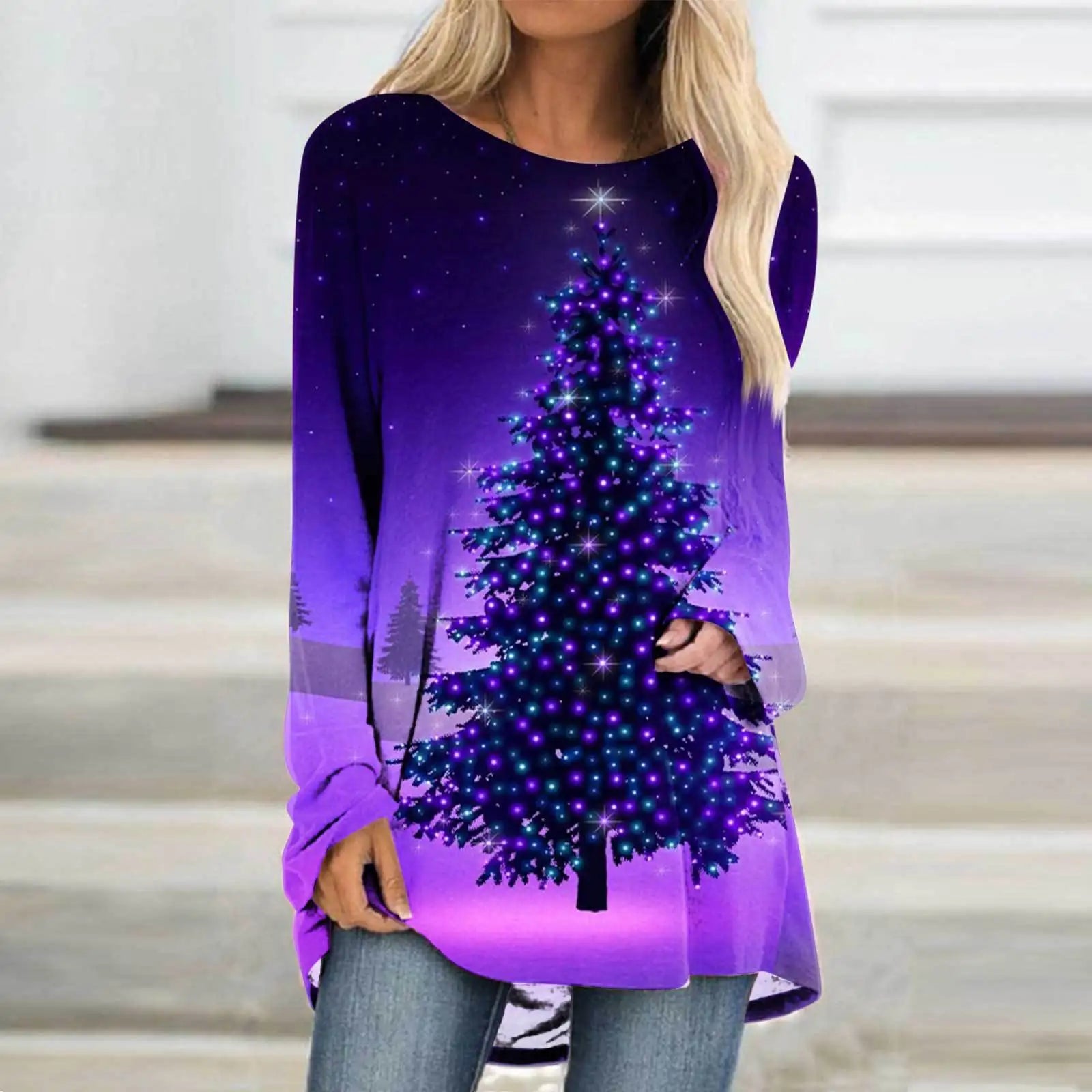 Christmas Tree 3d Print Long Sleeve T-shirt Women Fashion Crewneck Long Tunic Tops