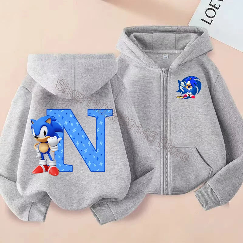 New Sonics Boys Zip-up Hoodies Kids Anime Hoodie Cartoon Letter Printed Tops Winter Warm Jacket Coat Autumn Children Clothing