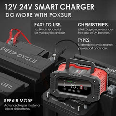 20A/10A Car Motorcycle Battery Charger 12V/24V Smart Charger Lithium AGM GEL Lead-Acid LiFePO4 Battery Chargers