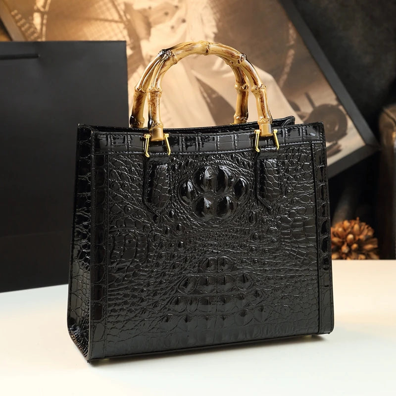 Brand Genuine Leather Bamboo Women's Bag Crocodile Pattern Ladies Handbag