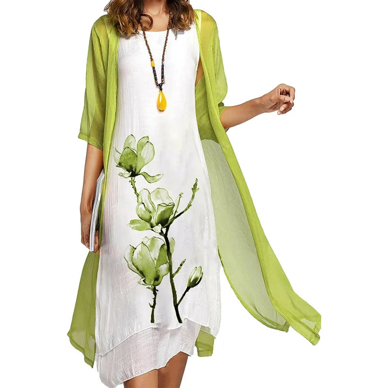 Europe and the United States cross-border fashion casual printed vest dress outside the two-piece set