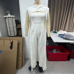 2 Piece Set Women Elegant Solid Sleeveless Round Neck Super Long Cape Top Nipped Waist Wide Legs Jumpsuit Sets Streetwear