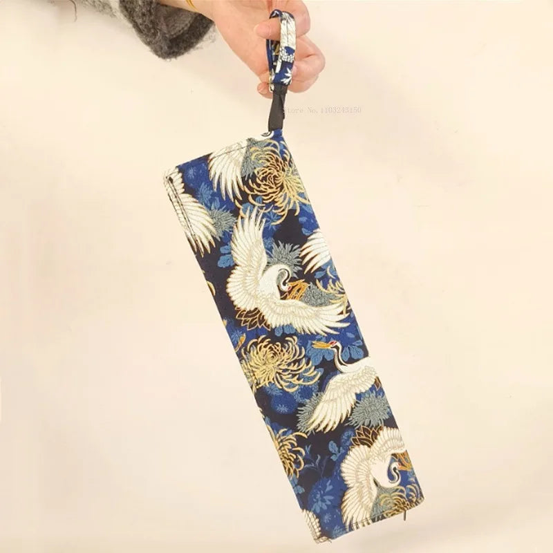 New Chinese Handmade Cloth Roll-up Pencil Bags Hot Gold Zipper Portable Brush Storage Bag  Writing and Painting Art Supplies