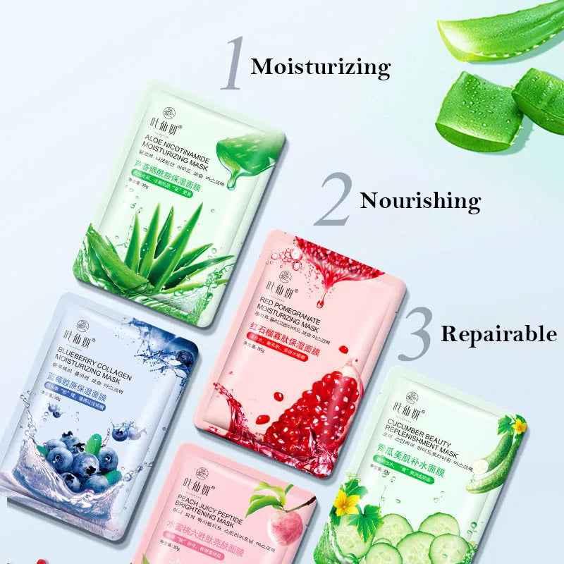 12 Pieces Blueberry Facial Masks Aloe Cucumber Peach Fresh Fruit Moisturizing Face Mask Sheets