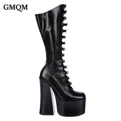 GMQM Platform Fashion Women‘s The Knee Boots High Heels Thick Sole Breathable Shoes Pumps Chunky Super Heel Round Toe Long Boots