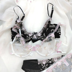 Exquisite embroidery lotus pink ultra-thin women's transparent lace underwear bra set