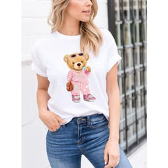 Women's Fun Cartoon Milk Tea Bear Print Round Neck Short-sleeved T-shirt