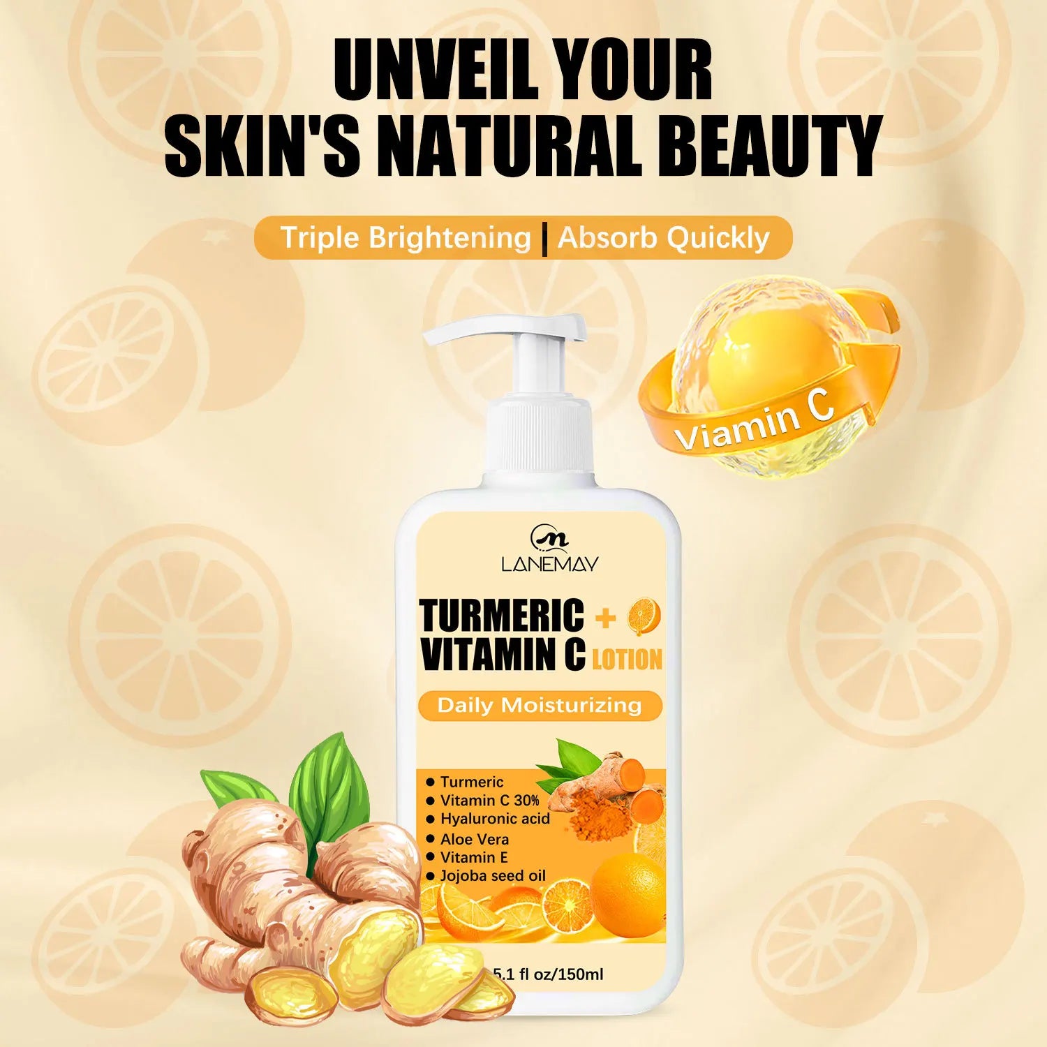 150ml Turmeric Body Lotion Reduce Fine Lines and Wrinkles Moisturizing Daily Exfoliating VC and Aloe Vera Body Cream