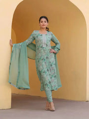 Indian Kurta Pant Dupatta Set Women Cotton Blend Round Neck Print Knee Length 3/4 Sleeve Kurti