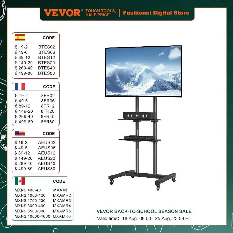 VEVOR Mobile TV Stand Height Adjustable TV Stand with Wheels Double Tray for Audio-Visual Devices Rolling TV Stand for Bedroom