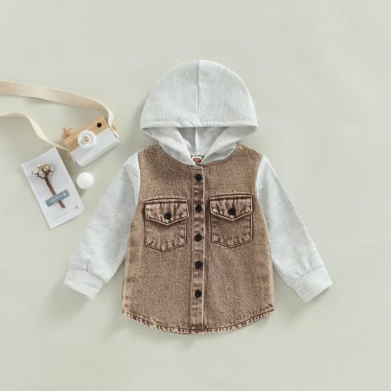 Boy Autumn Jacket Coat Long Sleeve Hooded Pockets Buttons Color Patchwork Denim Outwear
