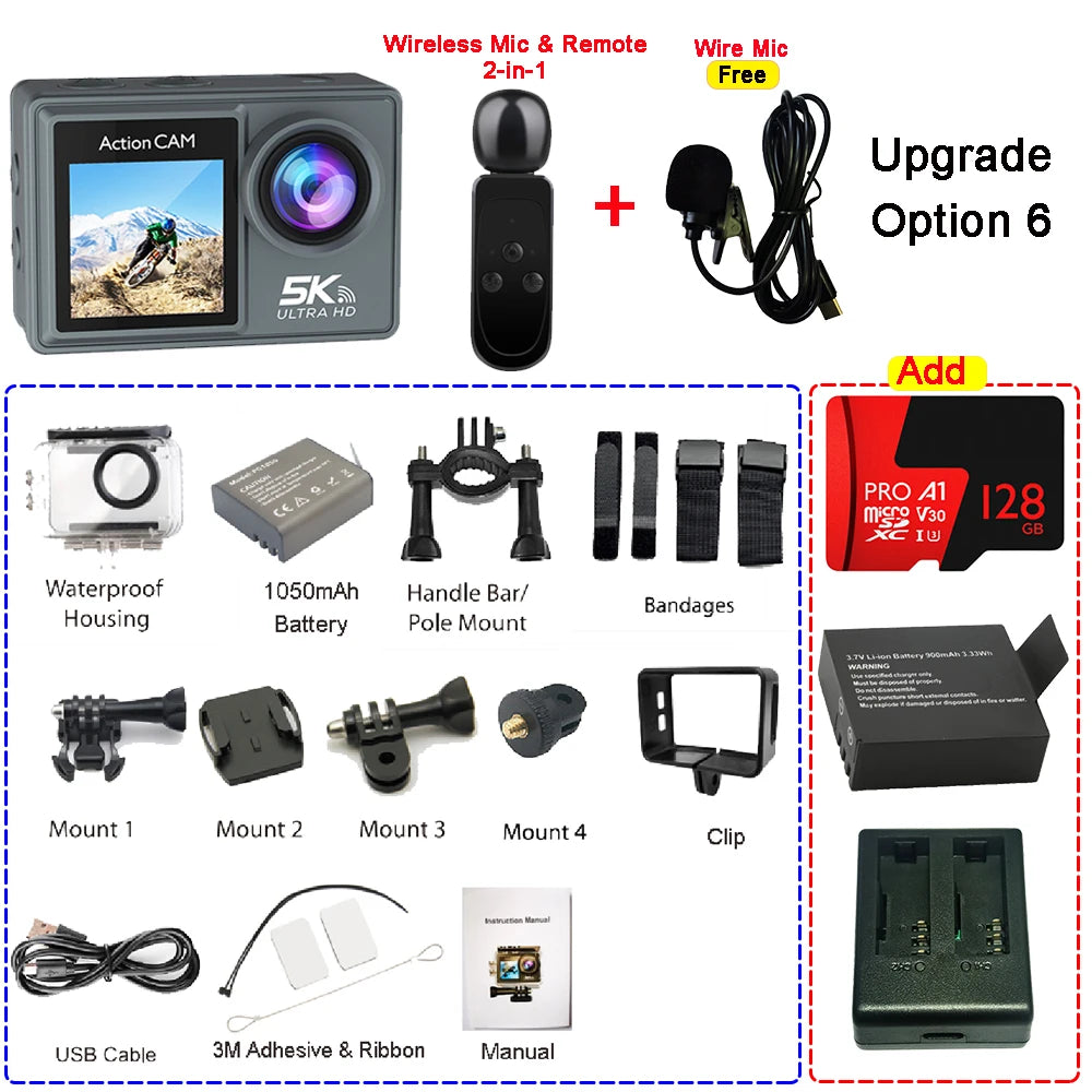 5K 4K60FPS Action Camera Dual IPS Touch LCD EIS 170° DVR 30M Waterproof 5X Zoom Sport Camera