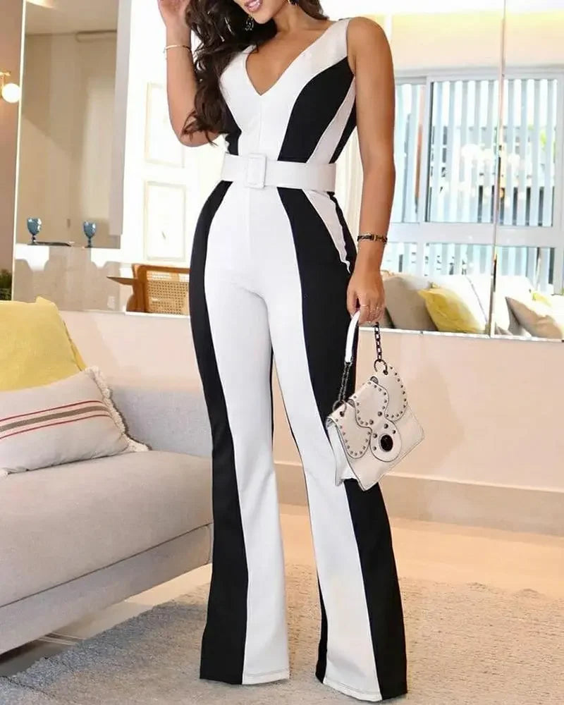 Spring and Summer New Women's Fashion Casual Slim Striped V-neck Black and White Contrast Jumpsuit--without Belt