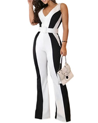 Spring and Summer New Women's Fashion Casual Slim Striped V-neck Black and White Contrast Jumpsuit--without Belt