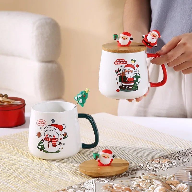 Cute Christmas gift mug with lid spoon High appearance level Santa elk ceramic mug with hand gift