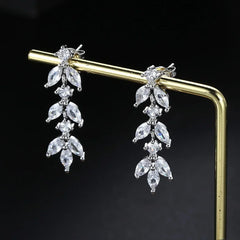 Shiny Crystal Leaf Zircon Long Dangle Stud Earrings for Women