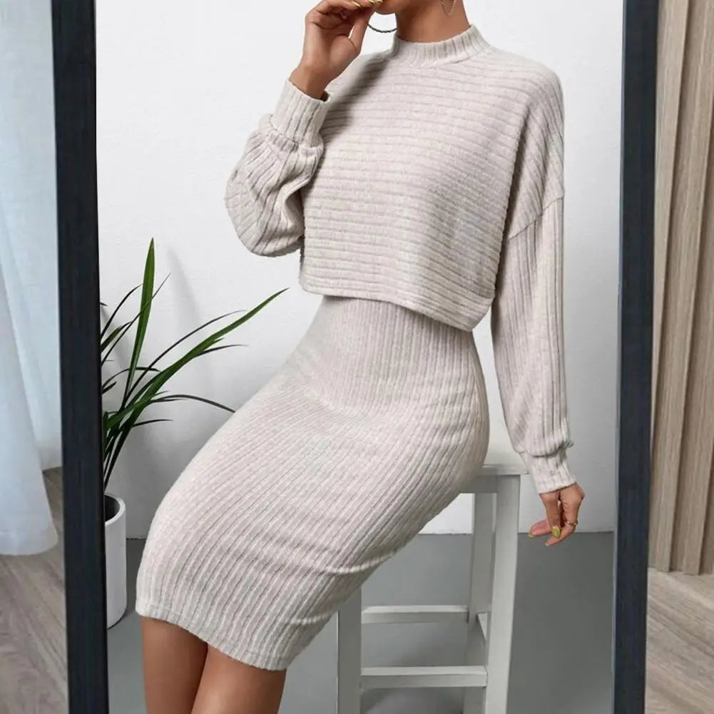 Women Outfit Sweater Top Dress Suit Mock Collar Thread Long Sleeve Blouse Sheath Slim Knitted Dress Set