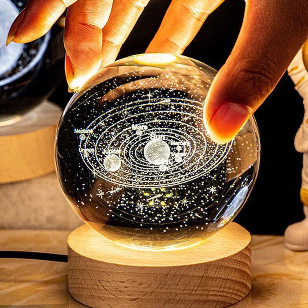 3D Crystal Ball Lamp Laser Engraved Galaxy Planet Moon Saturn LED Night Light Home Decor