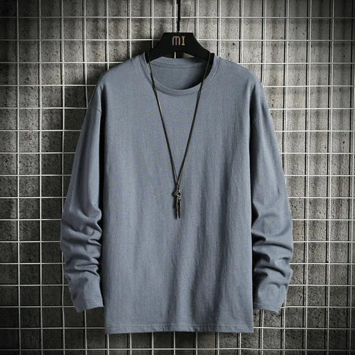 Harajuku Long Sleeve T Shirt Men Solid Color Cotton Soft O-Neck Basic Tops Tees